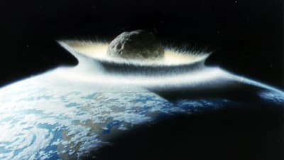 Konstnärens vision av en stor asteroid som slår ned på jorden.