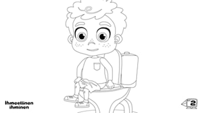 Ihmeellinen ihminen -animaatiopoika istuu vessanpöntöllä värityskuvana.