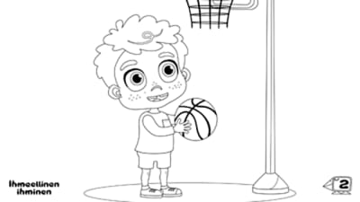 Ihmeellinen ihminen -animaatiopoika heittää koripalloa värityskuvana.
