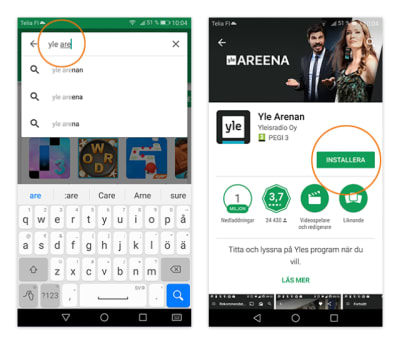 Bilder från Arenans app för Android.