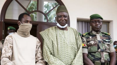 Bild på tre män som ser mot kameran. Männen ingår i Malis övergångsstyre efter augustis militärkupp.