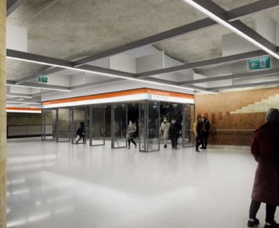Skiss över hur metrostation ska se ut, med ljusa väggar.
