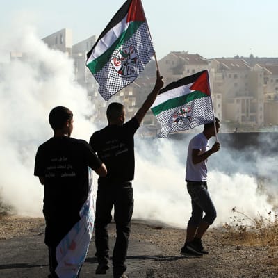 Palestiinalaiset heiluttivat lippujaan Bilinin kaupungissa Länsirannalla 31. heinäkuuta.