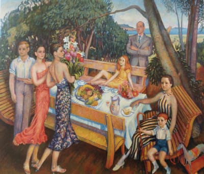 En färggrann målning gjord av konstnären Gösta Diehl. Den föreställer bergsrådet Baumgartners familj omkring ett blomster- och fruktförsett utemöblemangv med de fem barnen omgivande föräldrarna. Fadern står dock i bakgrunden, med armarna i kors och lutad mot ett träd. 