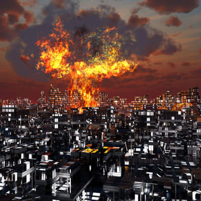 Tietokoneella piirretty kaupunki ja sen keskellä ylinräjähdyksen tulinen sienipilvi. 