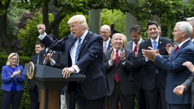 Donald Trump i talarstolen i Vita husets Rosenträdgård.