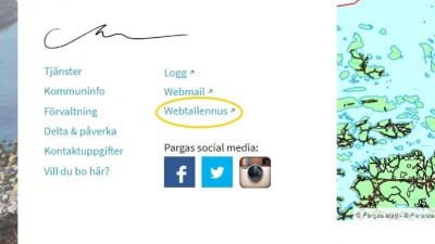 Skärmdump från Pargas stads webbplats, som visar en länk till "Webtallennus"