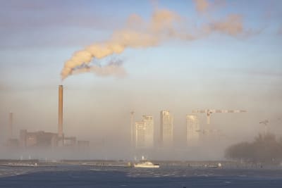 Kolkraftverket på Hanaholmen spyr ut rök en kall vinterdag i Helsingfors.