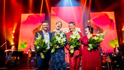 Tangomarkkinoiden laulukilpailun vuoden 2022 finalistit Keijo Hietikko, Heta Halonen, Lauri Ketonen ja Hanna Hirvonen.