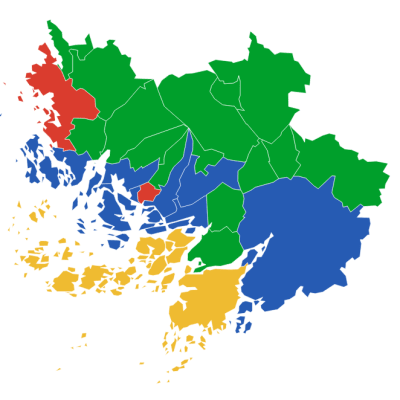 En karta över vilka partier som är störst i vilka kommuner. 