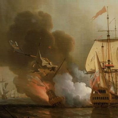 Öljymaalaus liekkeihin räjähtäneestä aluksesta ja sitä ympäröivistä brittilaivaston purjelaivoista.