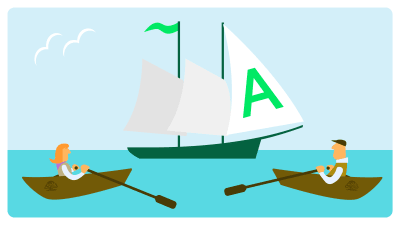 Illustration av två personer som ror varsin roddbåt bort från ett skepp med ett stort A på seglet.