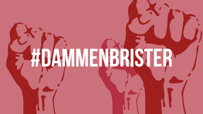 Hashtagen #dammenbrister, i bakgrunden med knytnävar knutna i kamptecken. 