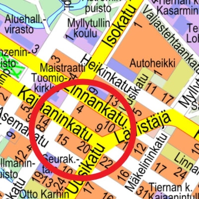 Oulun keskustan kartta Kajaaninkatu ja Lävistäjä