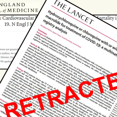 The Lancet ja The New England Journal of Medicine -lehtien ilmoitus tutkimusten perumisesesta. Päällä iso punanen leima "retracted" eli vedetty takaisin.