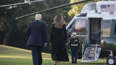 Donald Trump med fru på väg till helikopter, ryggen vänd mot kameran.