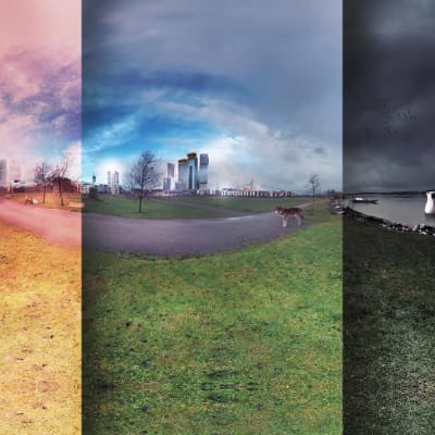 Bildmanipulering av en urban strand i tre olika färgskalor.