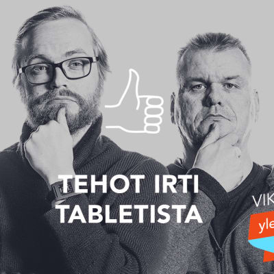 Kuvassa Kari Haakana, Olli Sulopuisto, Panu Räty, teksti Tehot irti tabletista