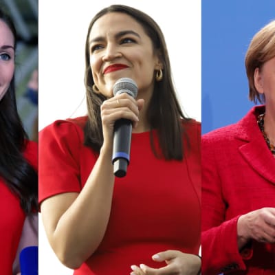 Ett bildcollage med Sanna Marin, Alexandria Ocasio-Cortez och Angela Merkel alla klädda i röda kläder.