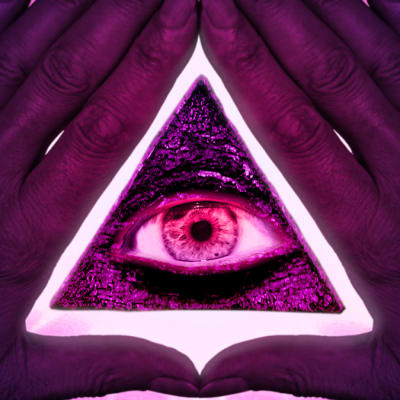 Illuminatin symboli, kolmio, jossa silmä ihmisen käsien välissä. 