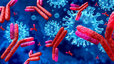 Illustration på virus och antikroppar.