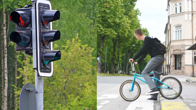 Collage på en person som cyklar och ett grönt trafikljus.