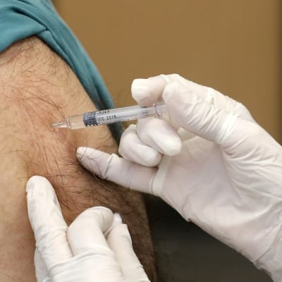 Lähikuva hoitajan hansikoidusta kädestä pistämässä rokotetta miehen karvaiseen olkavarteen. 