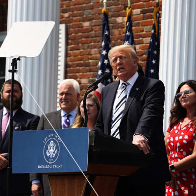 Kuvassa Donald Trump seisoo puhujanpöntön takana. Hänen takanaan on neljä ihmistä. 