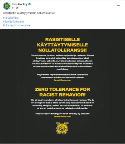 Kuvakaappaus Ilves Hockeyn Facebook-julkaisusta, jossa tuomitaan rasistinen käytös ja pyydetään ilmoittamaan kaikesta syrjivästä käytöksestä.