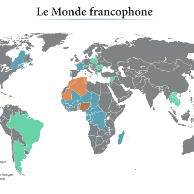 Maailmankartta, johon on eri värein merkitty ranskankieliset maat.