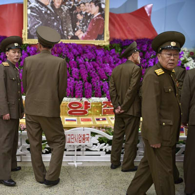 Pohjois-Korean armeijan henkilökuntaa osallistui maan entisen johtajan mukaan nimetyille Kimilsungia-kukkafestivaaleille pääkaupungissa Pyongyangissa 13. huhtikuuta. Kuvassa sotilaita suuren violetin kukka-asetelman äärellä.