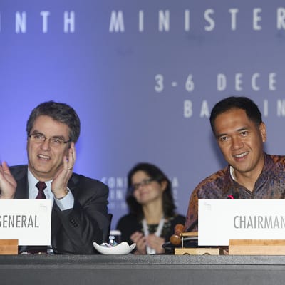 Brasilian Roberto Azevedo ja Indonesian Gita Wirjawan ovat iloisia. Azevedo taputtaa, Wirjawanilla on puheenjohtajan nuija vasemmassa kädessään.