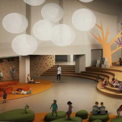 Skiss av hur Åbo gamla konserthus ska utvecklas. Konserhuset ska bli ett idrotts- och kulturcentrum för barn och unga.