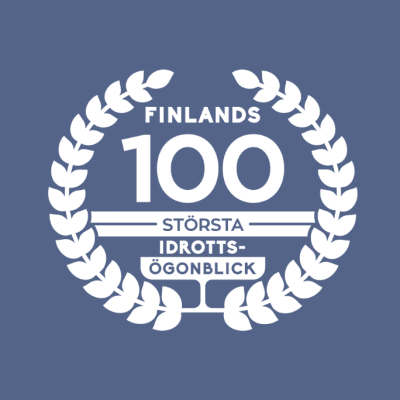 Johan Portin med logon för Finlands 100 största idrottsögonblick.