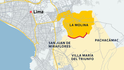 Ett rött streck markerar gränsen längs med La Molina där muren går.