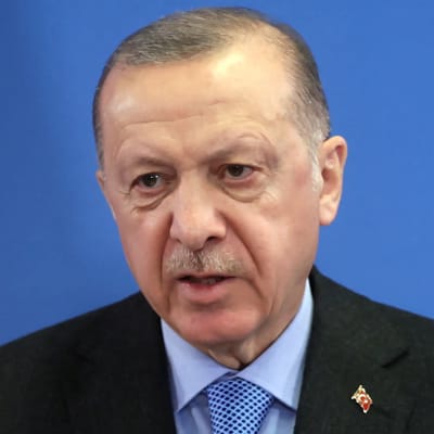 Turkiets president Erdogan - i bakgrunden Natos och Turkiets flaggor