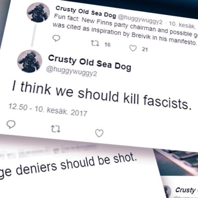 Bild på skärmdumpar från Twitterkonto där någon uppmanar att skjuta fascister. I bakgrunden en dator.