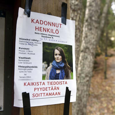 Ilmoitus syyskuun alkupuolella kadonneesta Nela Saglenovasta (Utkina) Nuuksion kansallispuistossa Espoossa 30. syyskuuta. Kuvasta on peitetty puhelinnumero.