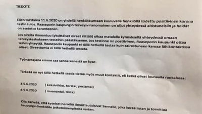 Lapp som på finska informerar anställda om coronasmitta.
