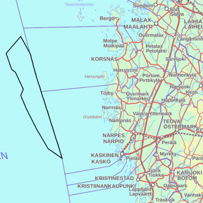 En karta över den österbottniska kusten. Ett havsområde utanför kusten har markerats ut.