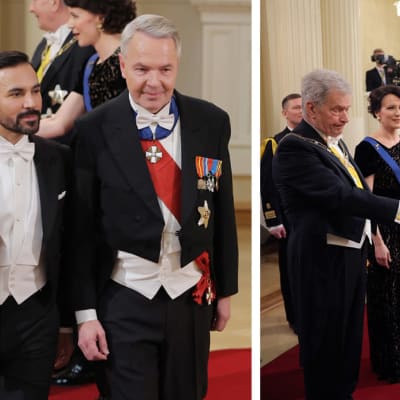 Kuvakombo, toisessa kuvassa Pekka Haavisto kulkee linnan juhlien vastaanotolla puolisonsa kanssa, toisessa Alexander Stubb kättelee presidenttiä.
