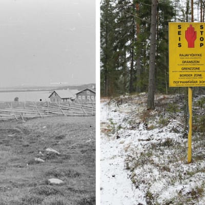 Kahtia jaetussa kuvassa vasemmalla Leppäniemen kylä Suojärvellä, keskellä kylän tsasouna vuonna 1925 ja oikealla nykyaikainen rajavyöhykkeen stop-kyltti.