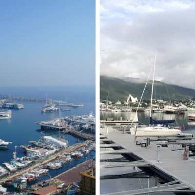 Kaksi kuvaa satamasta. Toisen on tehnyt tekoäly, ja toinen on valokuva.
