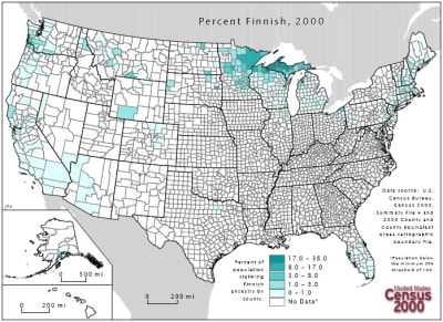En karta som visar var i USA de finländska emigranterna främat bosatte sig