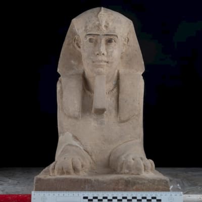 Patsas jolla on ihmisen pää ja leijonan ruumis, edessä viivotin josta näkyy että patsaan leveys vajaat  30 senttiä.
