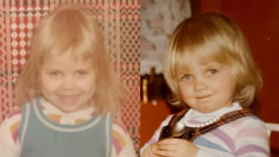 Vanhoista valokuvista tehty kuvapari, joissa molemmissa on kameralle hymyilevä vaaleatukkainen tyttö.
