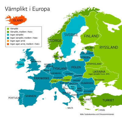 Karta som visar hur värnplikten organiseras i olika europeiska länder. Merparten saknar värnplikt.
