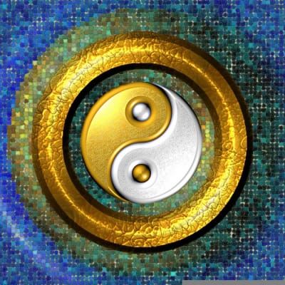 Tietokonemosaiikkina toteutettu sinikeltainen jin ja jang -symboli.