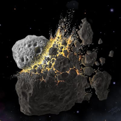 Piirroskuva törmäyksessä kappaleiksi hajoavasta asteroidista.