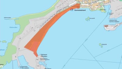En karta som med mörk orange färg visar var Tullstranden eller Tulluddens strand ligger i Hangö. 